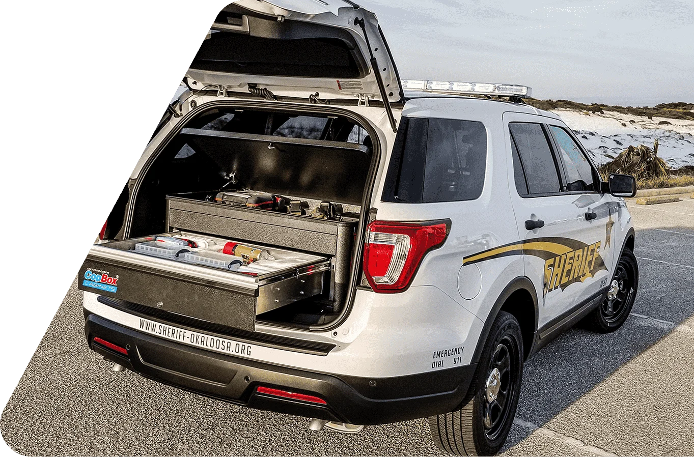 White Sheriff Police Interceptor With Trunk Open