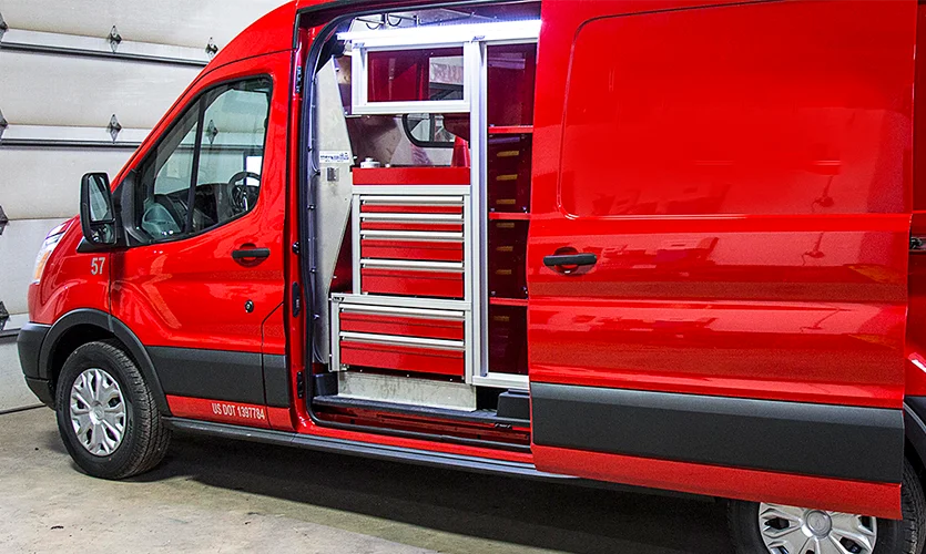 Red Work Van With Side Door Open Showing Red Drawers