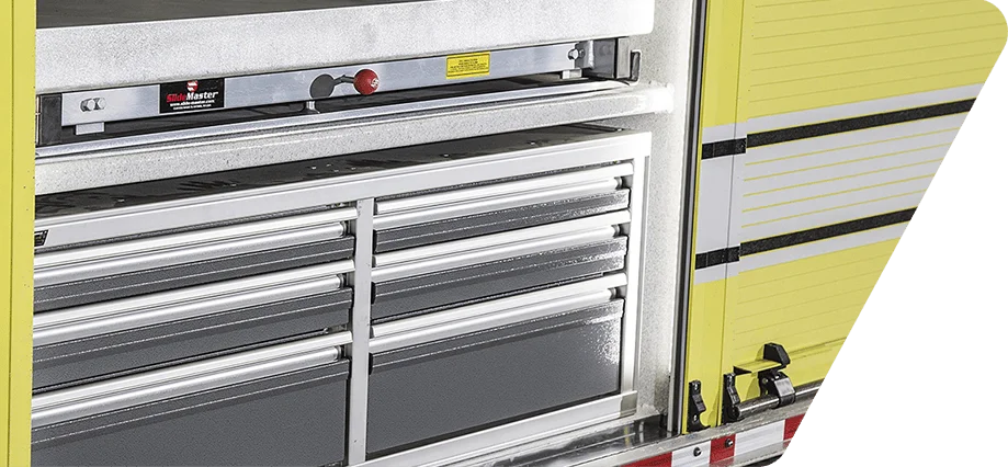 Grey Drawer Housings in Fire Truck Compartment